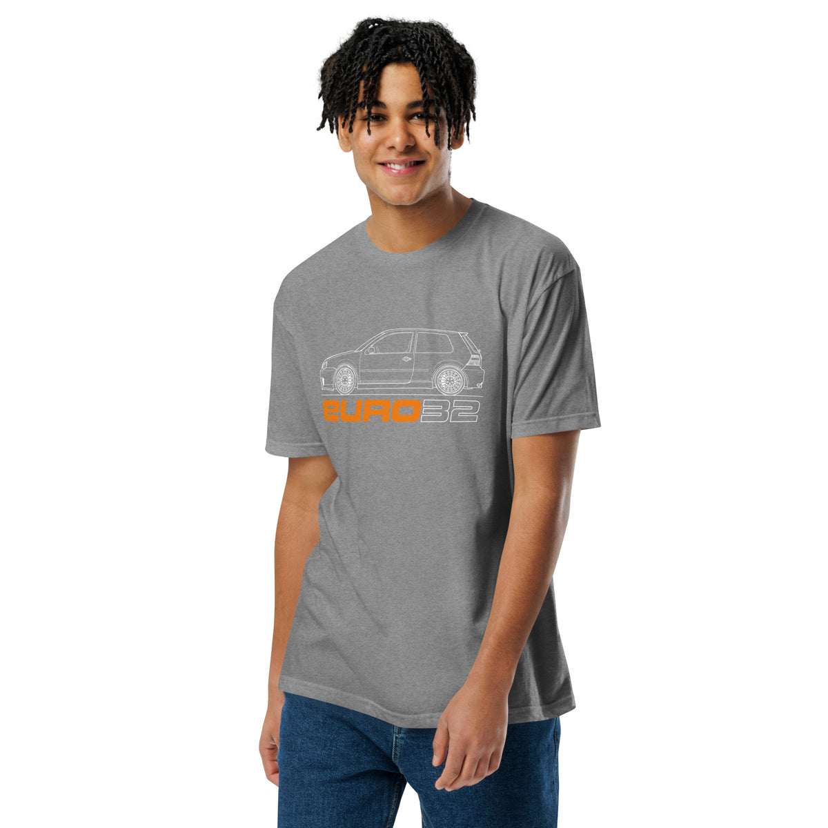 R32 Hot Hatch Tee — VR6 Soundtrack, Dark Heather Grey front view — VR6 hot hatch graphic, Marque automotive apparel