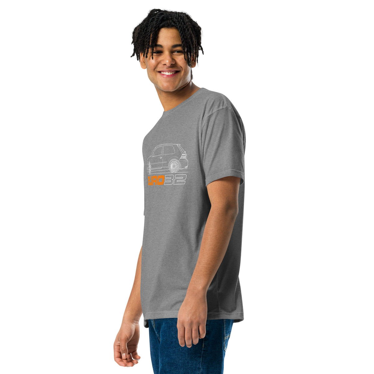 R32 Hot Hatch Tee — VR6 Soundtrack, Dark Heather Grey left front view — VR6 hot hatch graphic, Marque automotive apparel