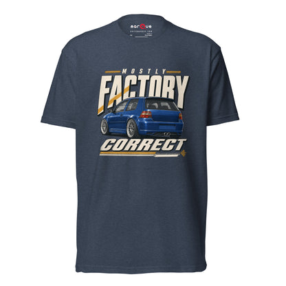 Mostly Factory Correct T-shirt, Midnight Navy front view — classified-ad car humor print, Marque automotive apparel