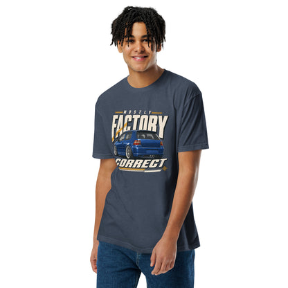 Mostly Factory Correct T-shirt, Midnight Navy front view (2) — print scale on the chest, Marque automotive apparel