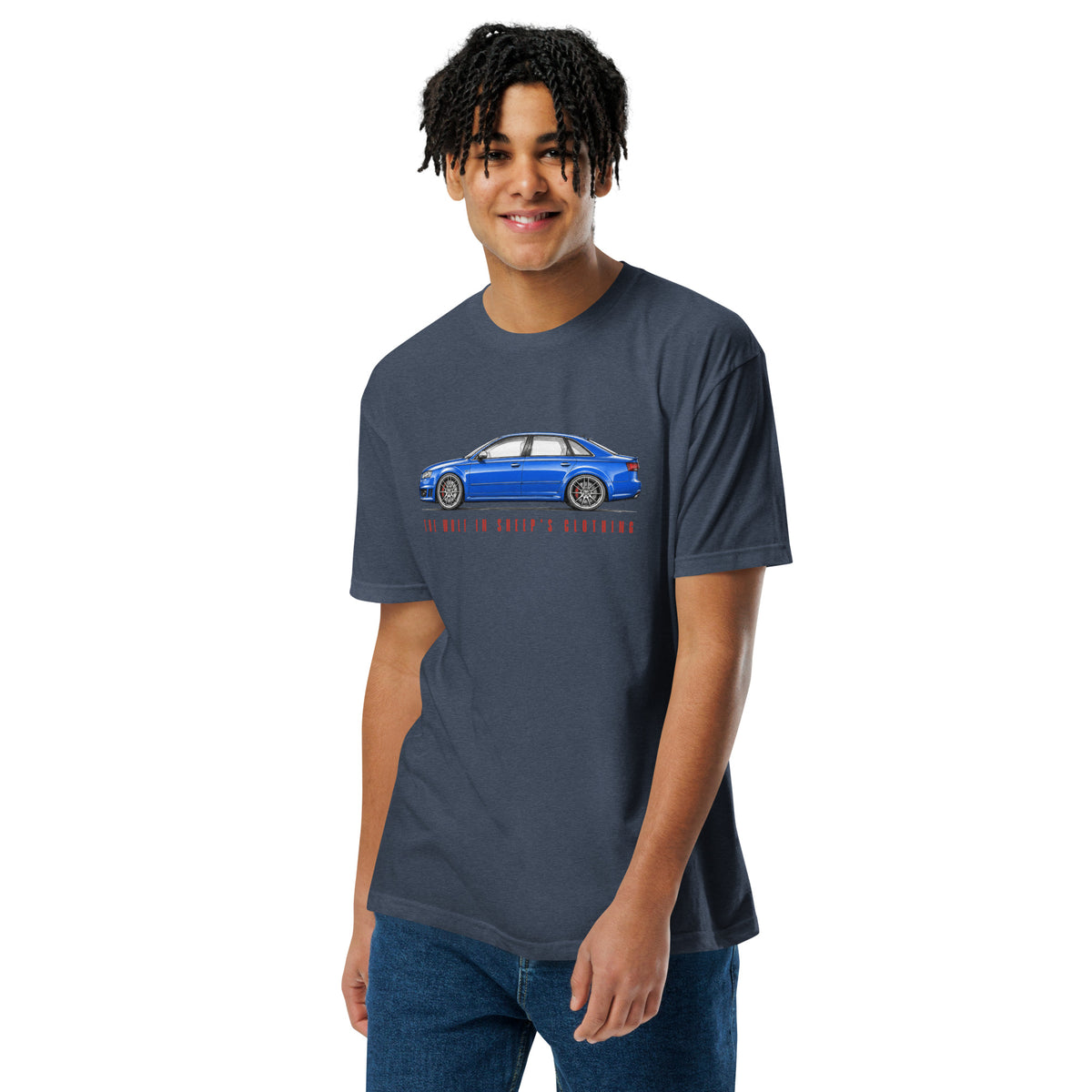 The Wolf in Sheep's Clothing B7 super-saloon t-shirt, Midnight Navy front view (2) — Marque automotive apparel