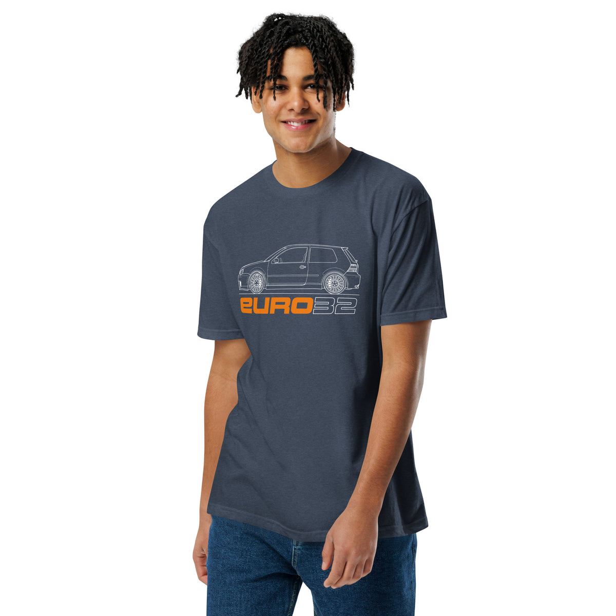 R32 Hot Hatch Tee — VR6 Soundtrack, Midnight Navy front view — VR6 hot hatch graphic, Marque automotive apparel
