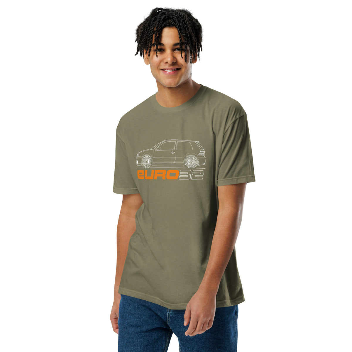 R32 Hot Hatch Tee — VR6 Soundtrack, Military Green front view — VR6 hot hatch graphic, Marque automotive apparel
