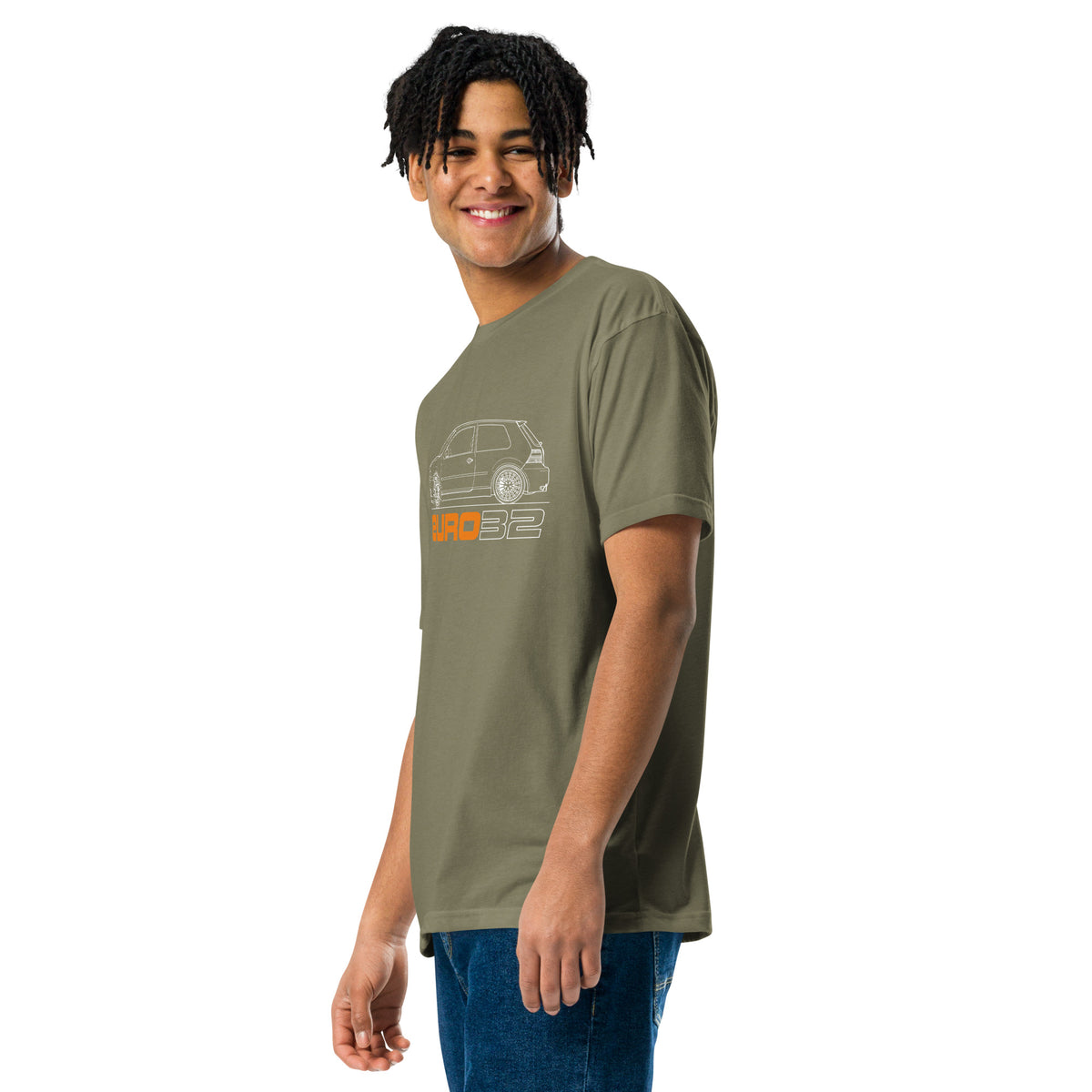 R32 Hot Hatch Tee — VR6 Soundtrack, Military Green left front view — VR6 hot hatch graphic, Marque automotive apparel