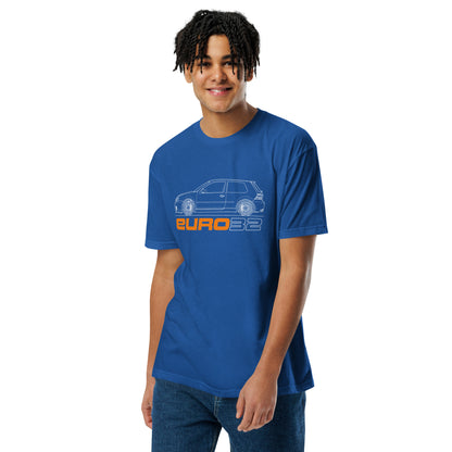 R32 Hot Hatch Tee — VR6 Soundtrack, Royal front view — VR6 hot hatch graphic, Marque automotive apparel