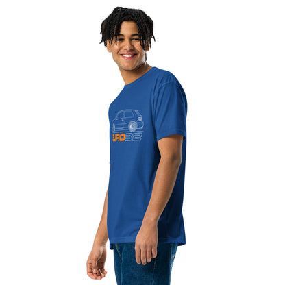R32 Hot Hatch Tee — VR6 Soundtrack, Royal left front view — VR6 hot hatch graphic, Marque automotive apparel
