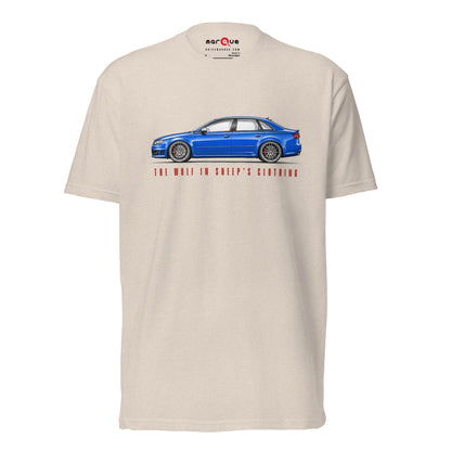 The Wolf in Sheep's Clothing B7 super-saloon t-shirt, Sand front view — Marque automotive apparel