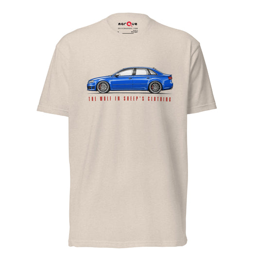 The Wolf in Sheep's Clothing B7 super-saloon t-shirt, Sand front view — Marque automotive apparel