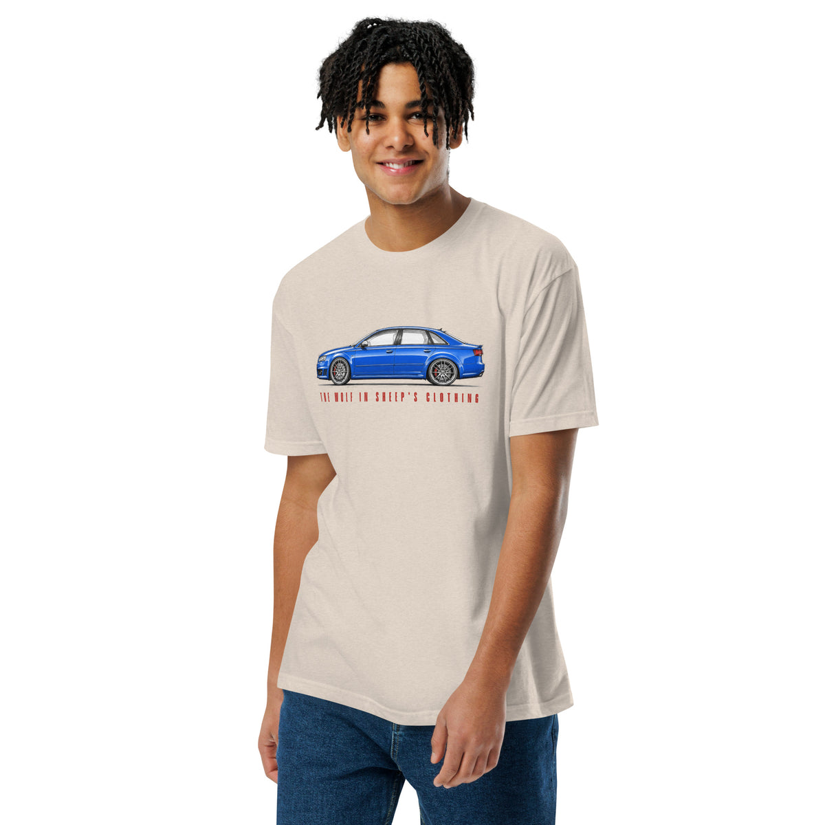 The Wolf in Sheep's Clothing B7 super-saloon t-shirt, Sand front view (2) — Marque automotive apparel