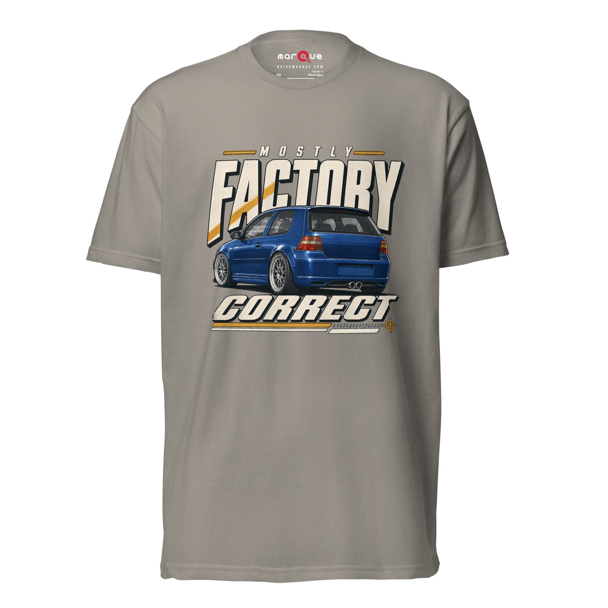 Mostly Factory Correct T-shirt, Stone Grey front view — classified-ad car humor print, Marque automotive apparel