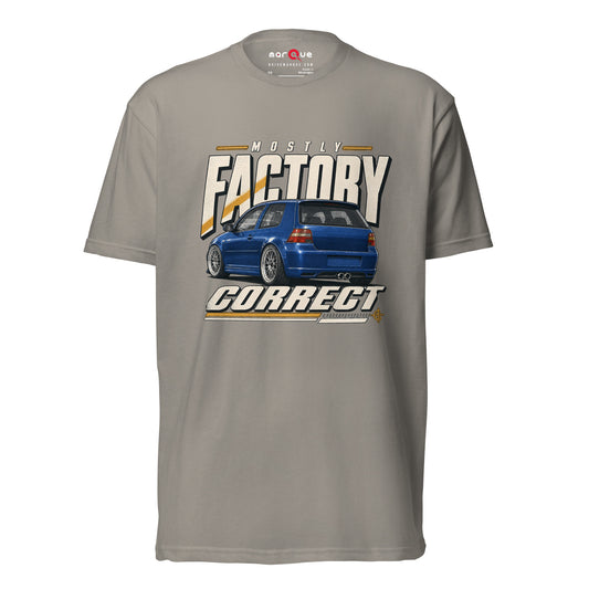 Mostly Factory Correct T-shirt, Stone Grey front view — classified-ad car humor print, Marque automotive apparel