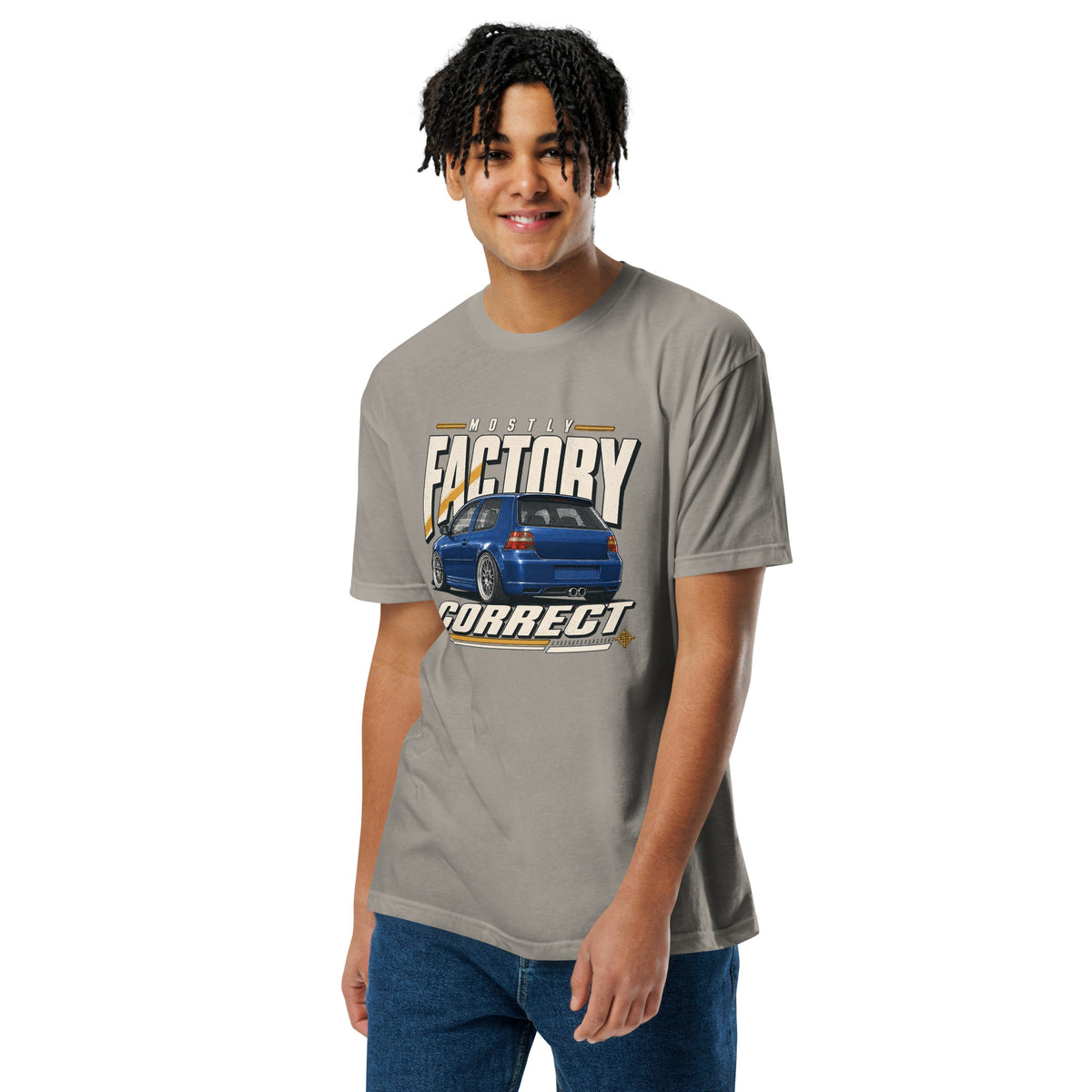 Mostly Factory Correct T-shirt, Stone Grey front view (2) — print scale on the chest, Marque automotive apparel