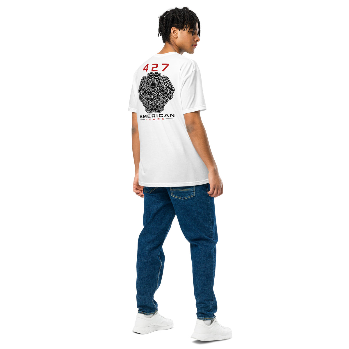 427 Big-Block tee, White back view — Marque automotive apparel