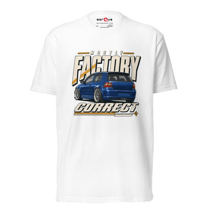 Mostly Factory Correct T-shirt, White front view — classified-ad car humor print, Marque automotive apparel