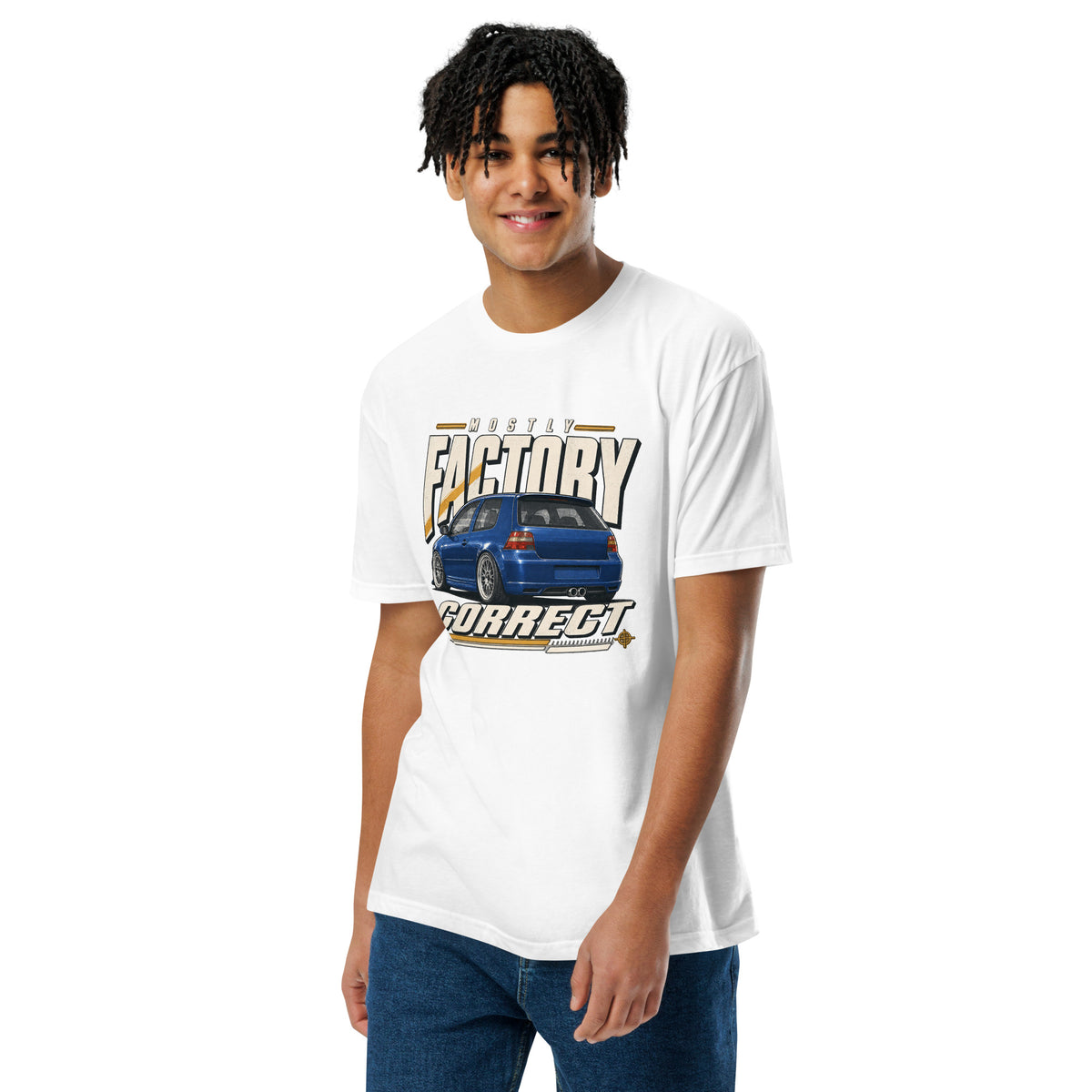 Mostly Factory Correct T-shirt, White front view (2) — print scale on the chest, Marque automotive apparel