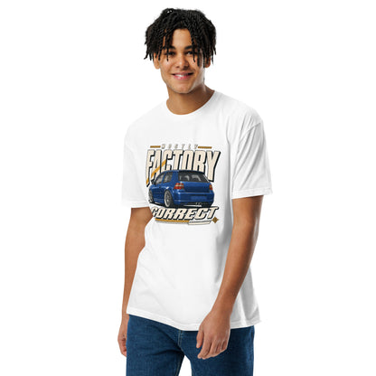 Mostly Factory Correct T-shirt, White front view (2) — print scale on the chest, Marque automotive apparel