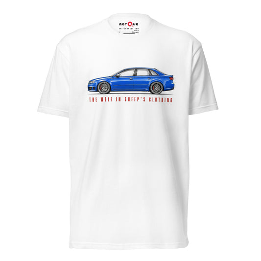The Wolf in Sheep's Clothing B7 super-saloon t-shirt, White front view — Marque automotive apparel