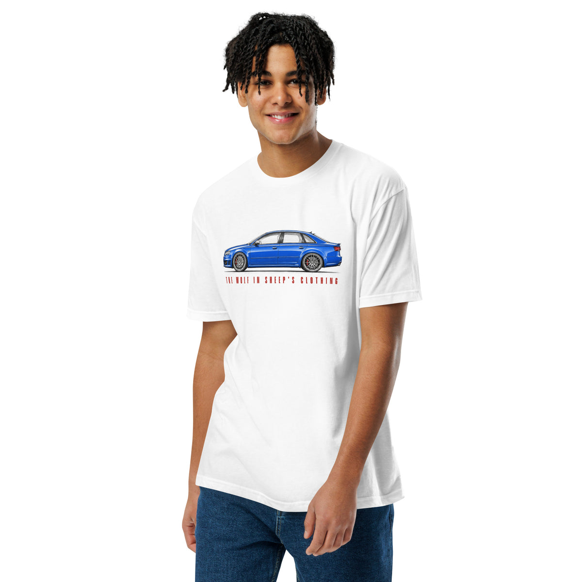 The Wolf in Sheep's Clothing B7 super-saloon t-shirt, White front view (2) — Marque automotive apparel