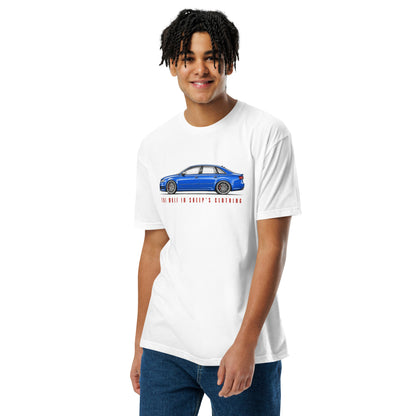 The Wolf in Sheep's Clothing B7 super-saloon t-shirt, White front view (2) — Marque automotive apparel
