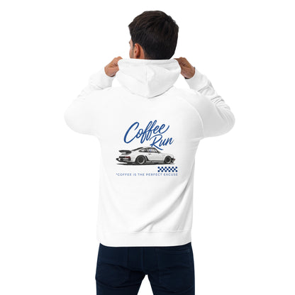 Coffee Run Hoodie — Cold-Start Edition in White, back print view — Marque automotive apparel