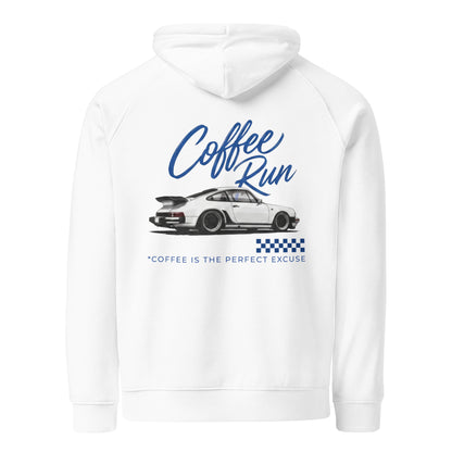 Coffee Run Hoodie — Cold-Start Edition in White, back print view (2) — Marque automotive apparel