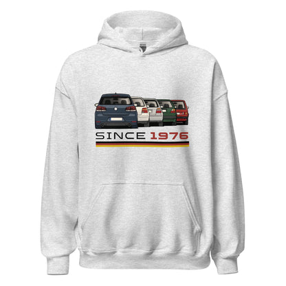 The Hot Hatch hoodie in Ash, front view — Marque automotive apparel
