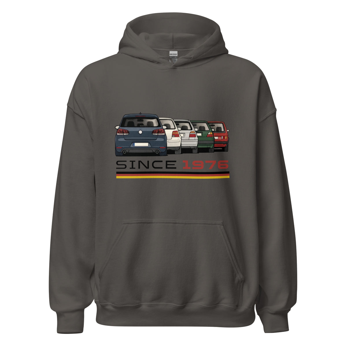 The Hot Hatch hoodie in Charcoal, front view — Marque automotive apparel