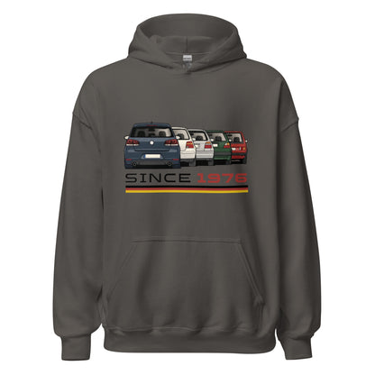 The Hot Hatch hoodie in Charcoal, front view — Marque automotive apparel