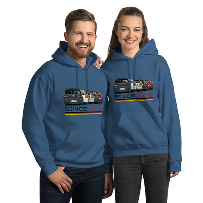 The Hot Hatch hoodie in Indigo Blue, front view (2) — Marque automotive apparel