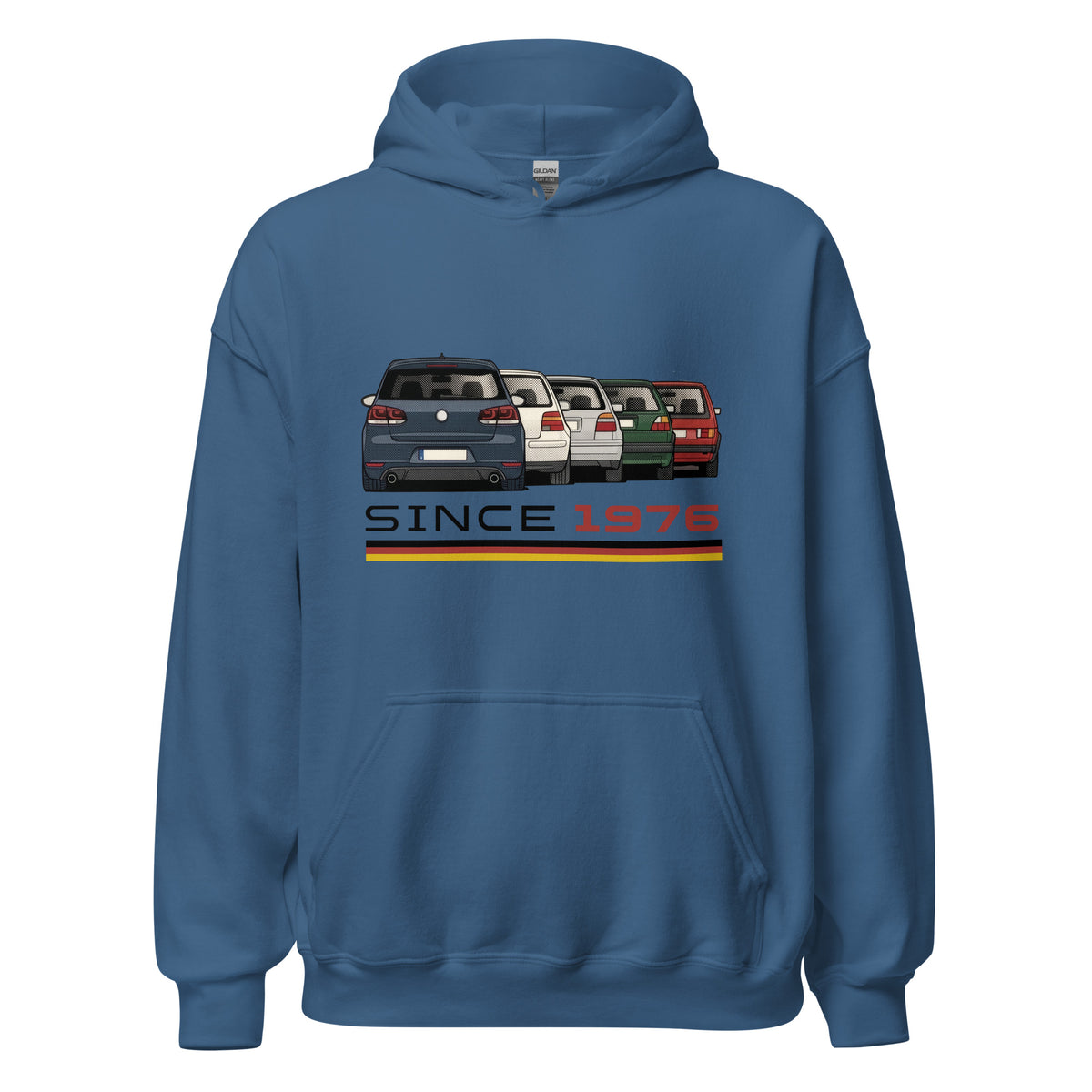 The Hot Hatch hoodie in Indigo Blue, front view — Marque automotive apparel