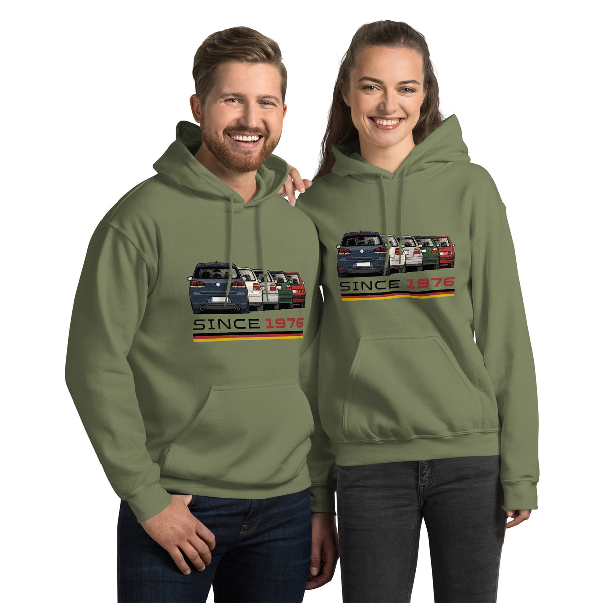 The Hot Hatch hoodie in Military Green, front view (2) — Marque automotive apparel