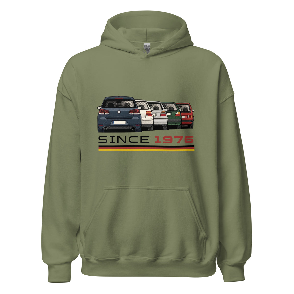The Hot Hatch hoodie in Military Green, front view — Marque automotive apparel