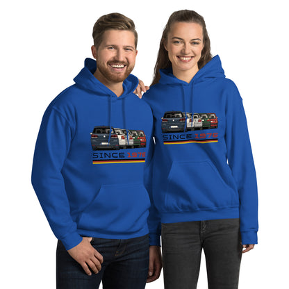 The Hot Hatch hoodie in Royal, front view (2) — Marque automotive apparel