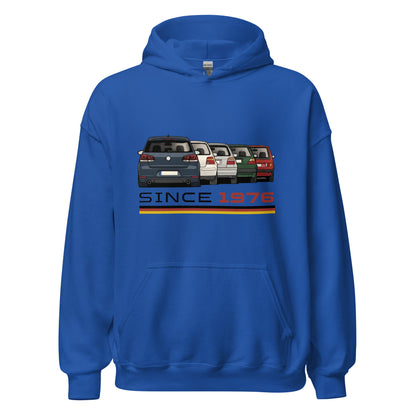 The Hot Hatch hoodie in Royal, front view — Marque automotive apparel