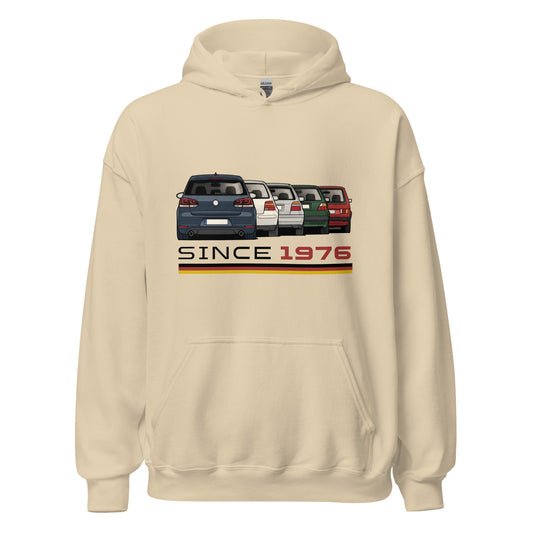 The Hot Hatch hoodie in Sand, front view — Marque automotive apparel