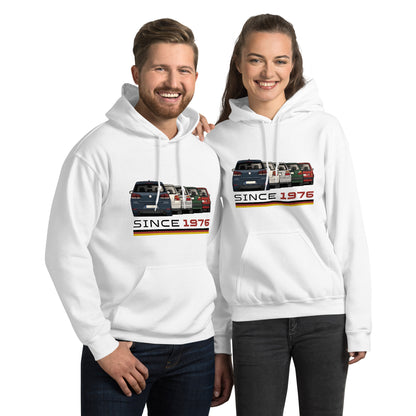 The Hot Hatch hoodie in White, front view — Marque automotive apparel