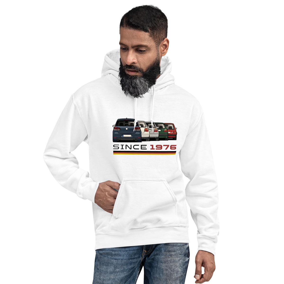 The Hot Hatch hoodie in White, front view (2) — Marque automotive apparel