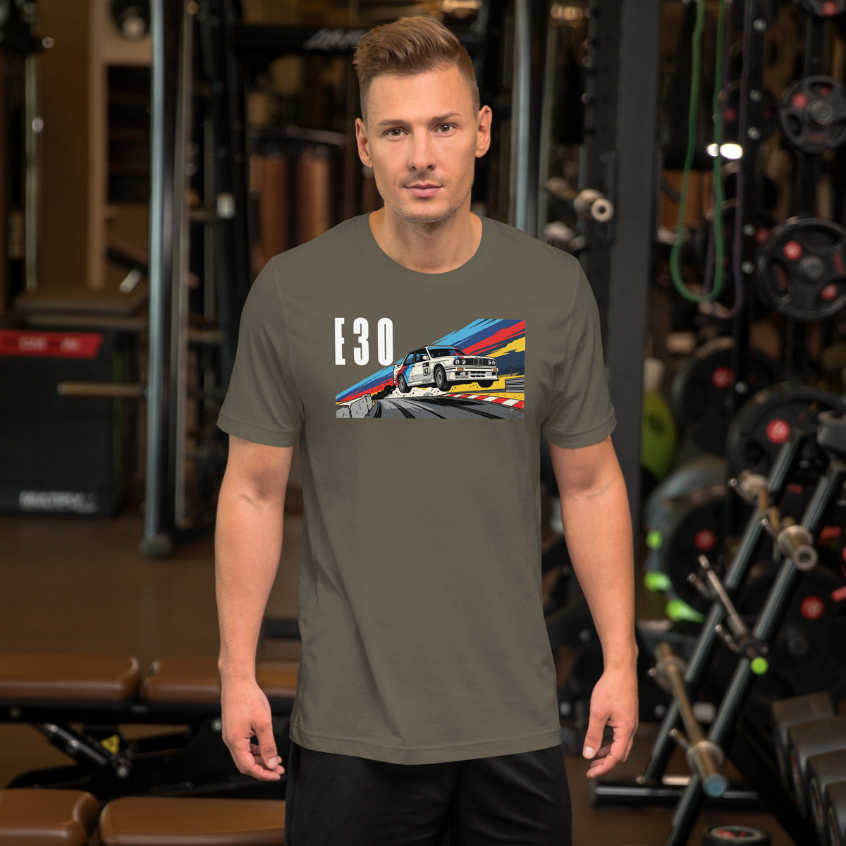 E30 Touring Car Tee — Group A Heritage graphic t-shirt, Army front view — Marque automotive apparel