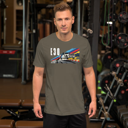 E30 Touring Car Tee — Group A Heritage graphic t-shirt, Army front view — Marque automotive apparel
