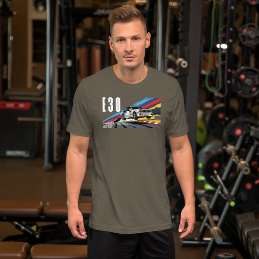 E30 Touring Car Tee — Group A Heritage graphic t-shirt, Army front view — Marque automotive apparel