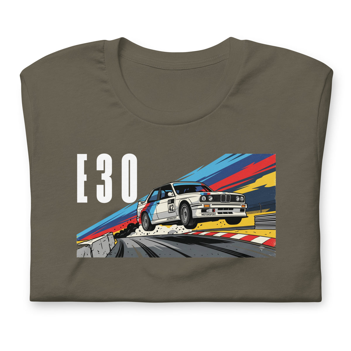 E30 Touring Car Tee — Group A Heritage graphic t-shirt, Army front view (4) — Marque automotive apparel