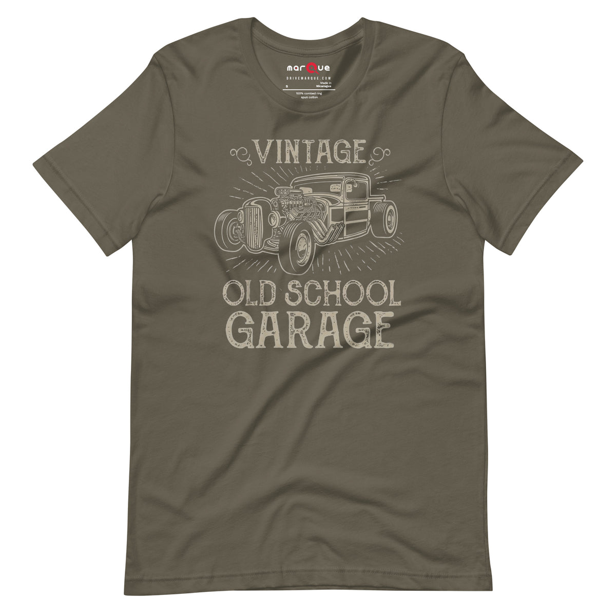 Hotrod Garage tee, Army front view — Marque automotive apparel