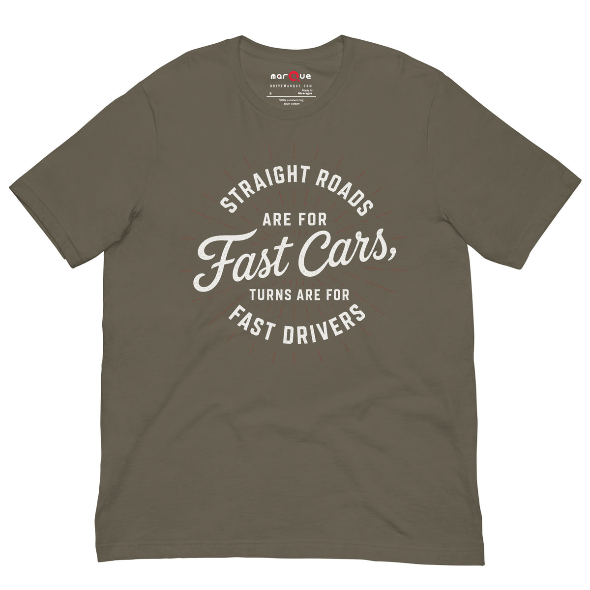 Fast Cars Fast Drivers Tee, Army front view — Marque automotive apparel