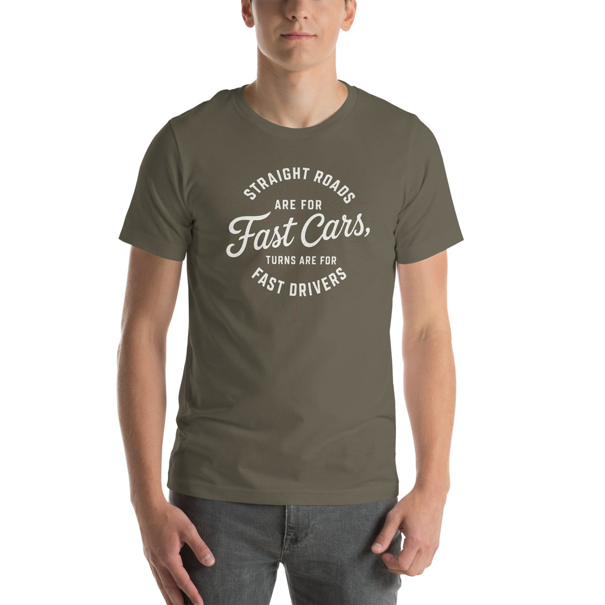 Fast Cars Fast Drivers Tee, Army front view (2) — Marque automotive apparel