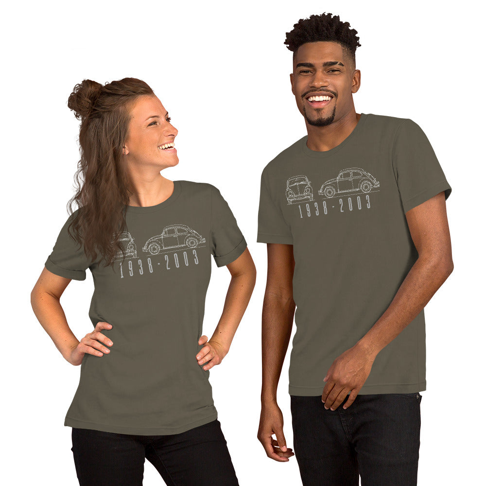The Original Bug Tee, Army — worn front view, Marque automotive apparel