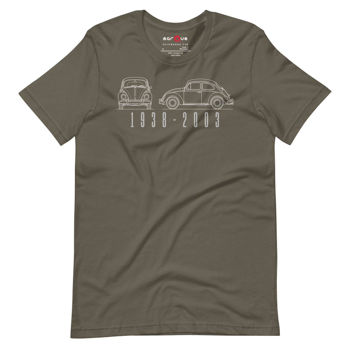 The Original Bug Tee, Army front view — air-cooled bug blueprint line art, Marque automotive apparel