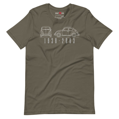The Original Bug Tee, Army front view — air-cooled bug blueprint line art, Marque automotive apparel