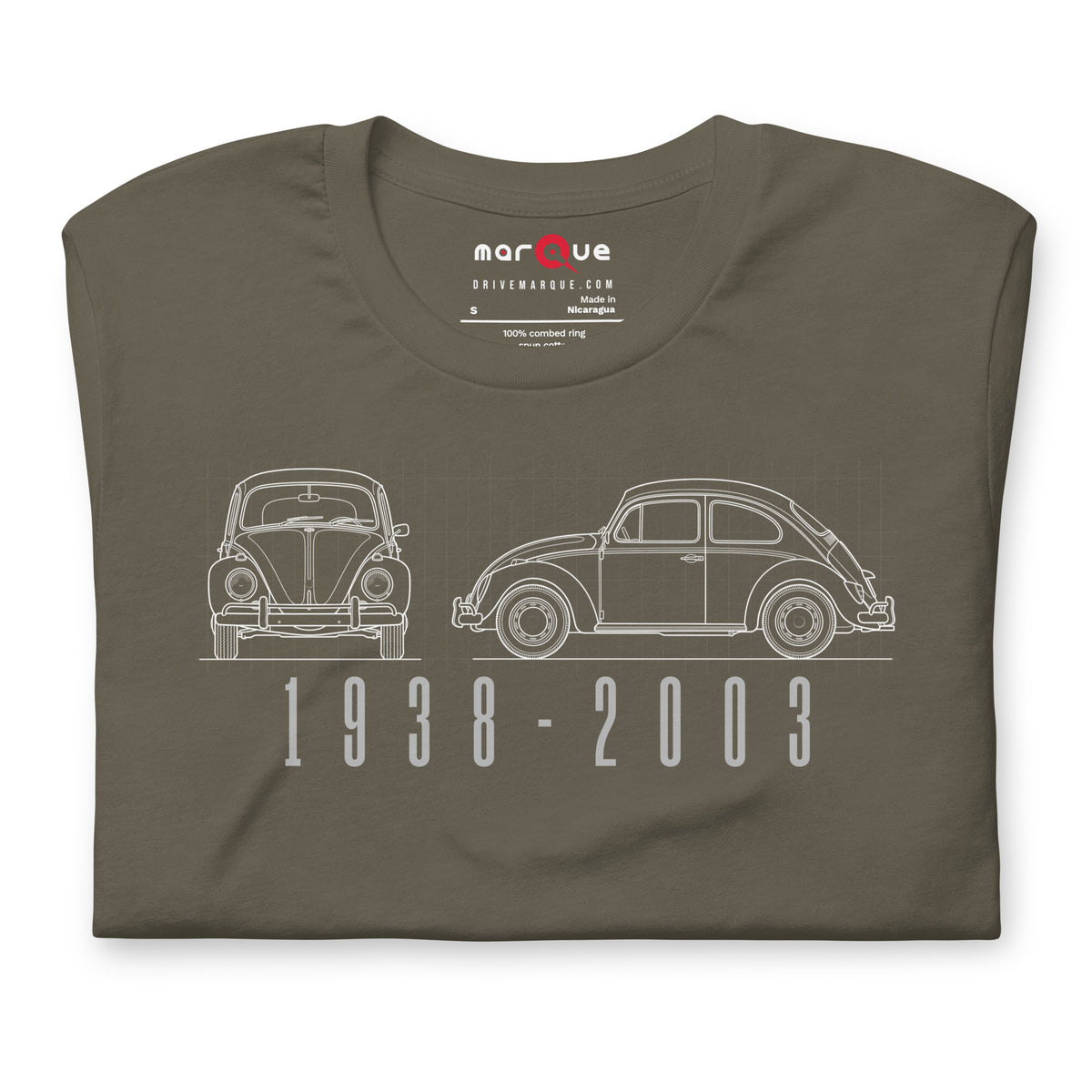 The Original Bug Tee, Army — folded flat lay, front print detail, Marque automotive apparel