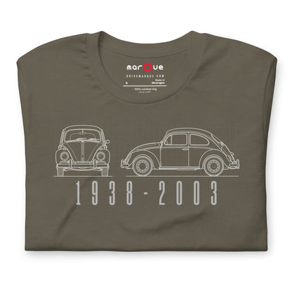 The Original Bug Tee, Army — folded flat lay, front print detail, Marque automotive apparel