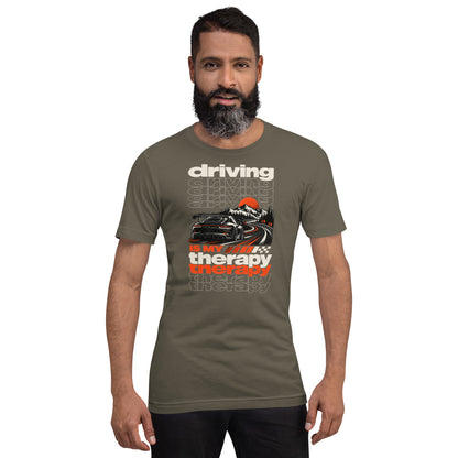 Army green driving is my therapy tee worn front-on, mountain pass print centred